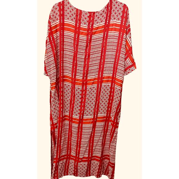DREAMS & CO. SHORT SLV TIE- UP V-NECK TUNIC LOUNGER, WOMENS, 1X 22/24-RED/WHITE - Picture 5 of 12